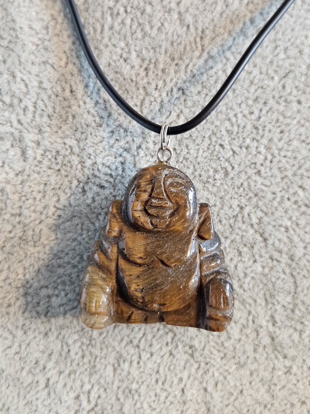 Vintage Hand-Carved Tiger Eye Buddha Pendant Necklace - Brown